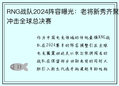 RNG战队2024阵容曝光：老将新秀齐聚冲击全球总决赛